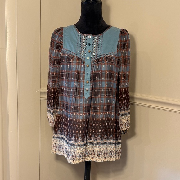 DejaVu Boho Plaid Embroidered Tunic Top Blue Brown western Peasant Large - Picture 1 of 13